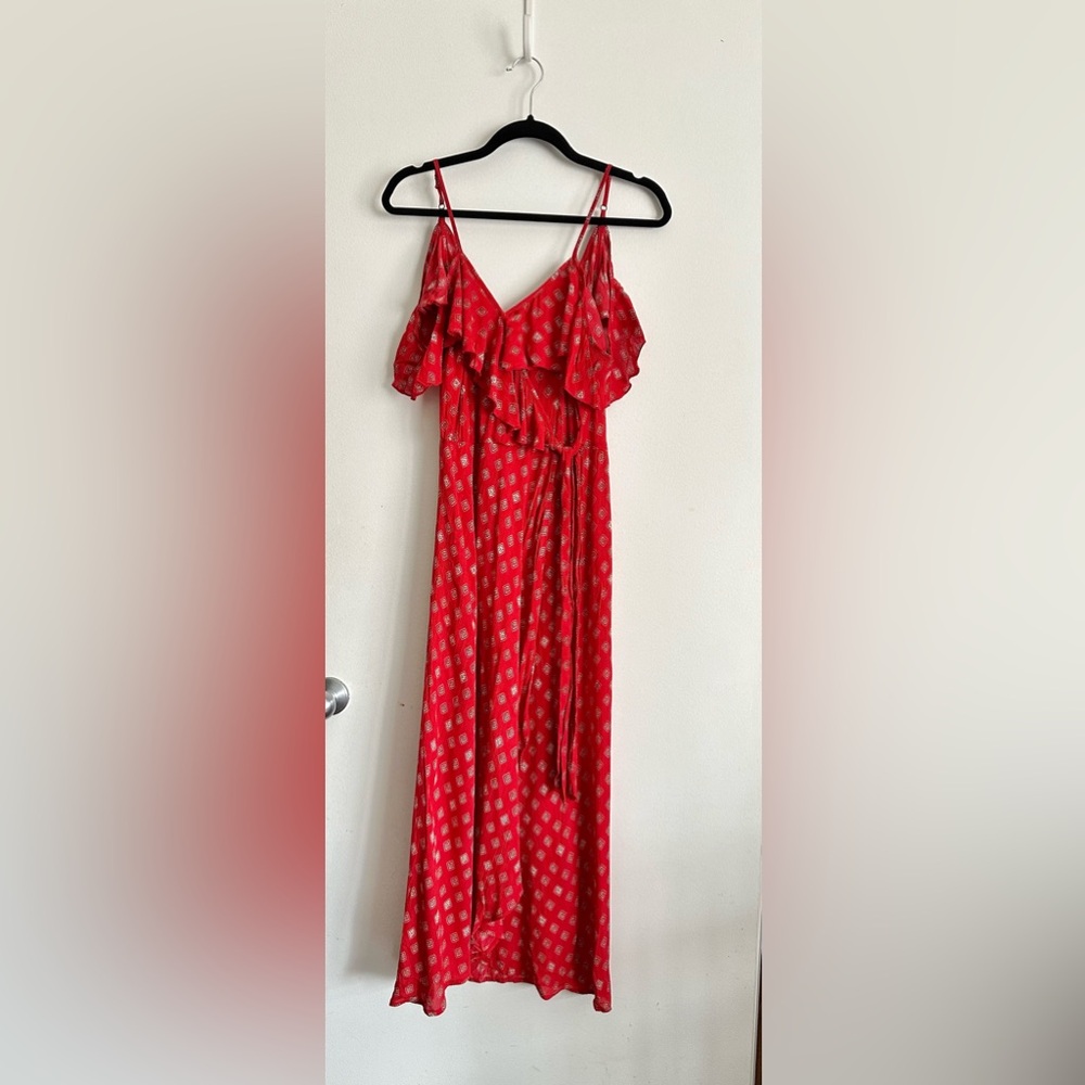 Band of Gypsies Foulard Faux Wrap Dress in Red & Ivory in size S